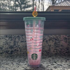 EUC Starbucks Valentines Pastel Green Lid Pink Striped Smiley Straw Tumbler